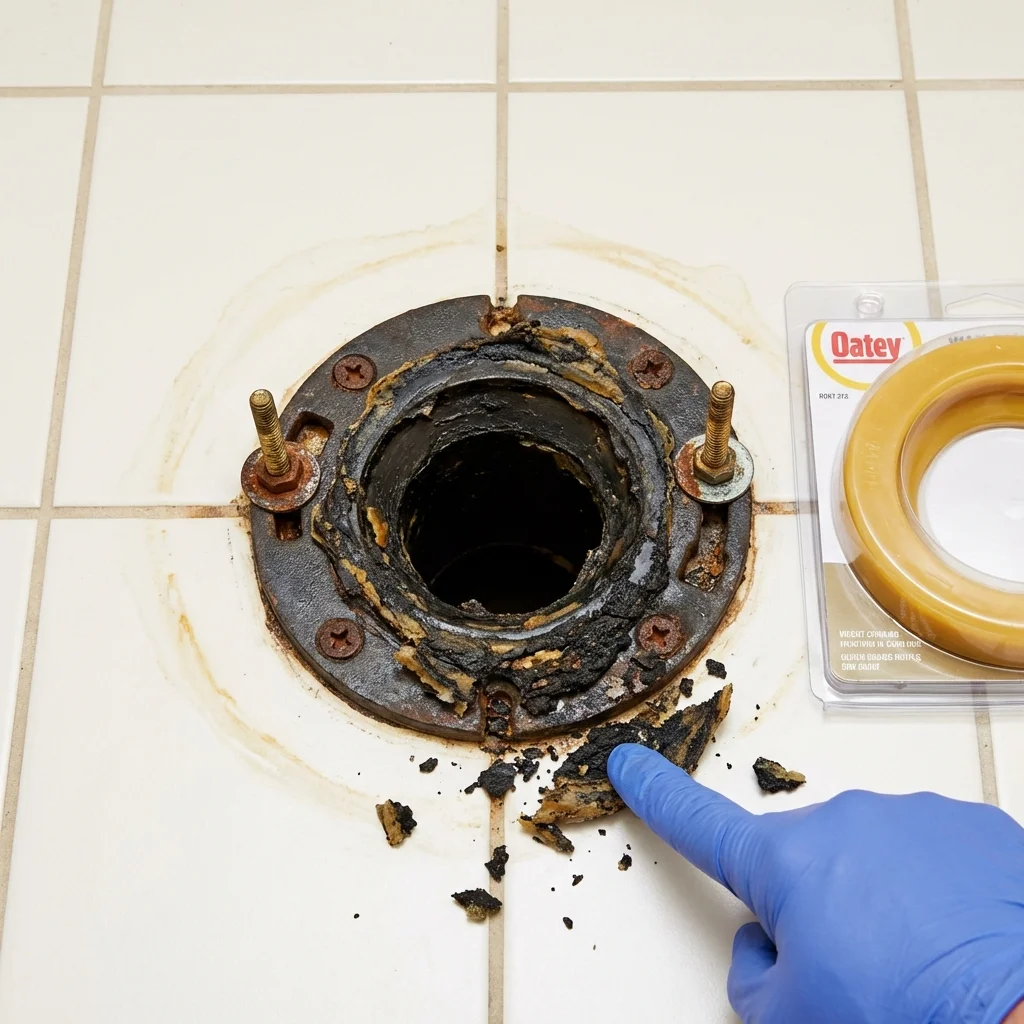 Failed wax ring showing water seepage at the base of a toilet in a Bradford, OH home