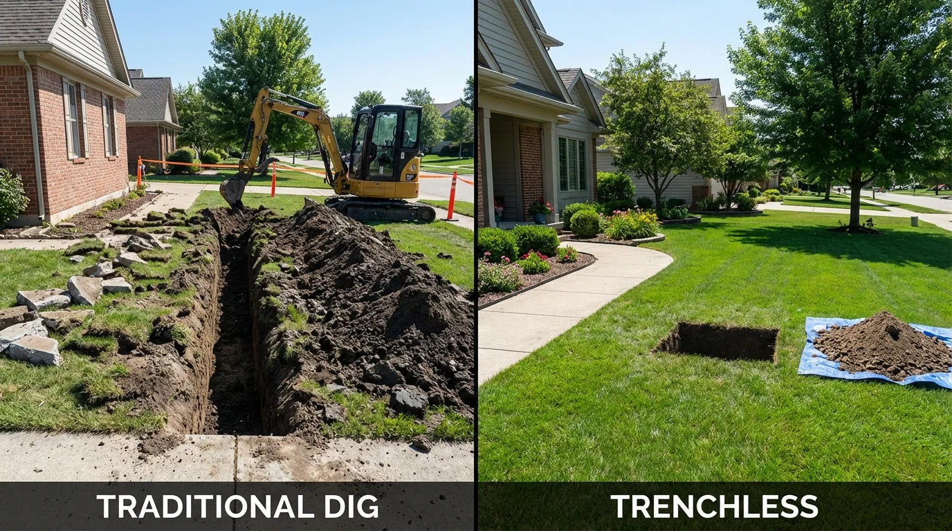 Trenchless sewer repair with minimal yard damage versus traditional excavation in Bradford, OH