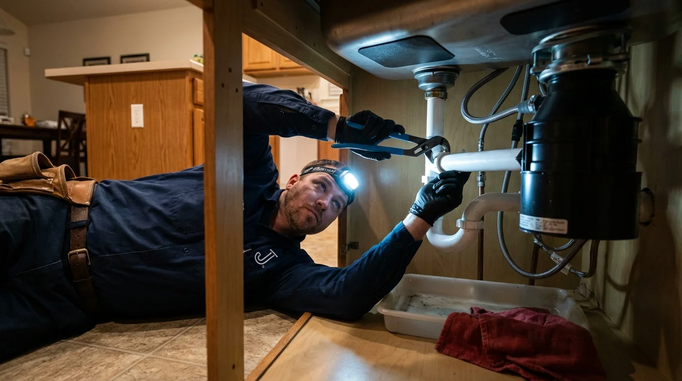 P-trap and supply line connections under a kitchen sink showing a common leak point in Bradford, OH